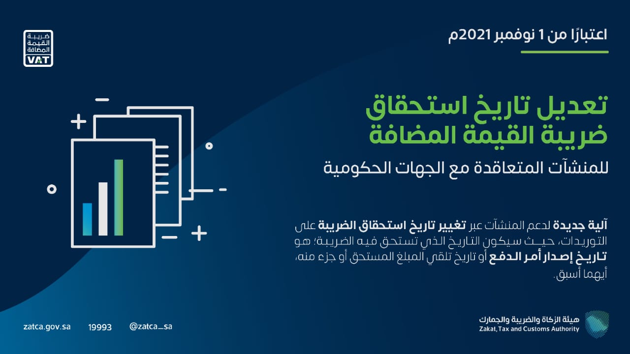 الزكاة والضريبة والجمارك تجري تعديلًات على آلية استحقاق ضريبة القيمة المضافة 